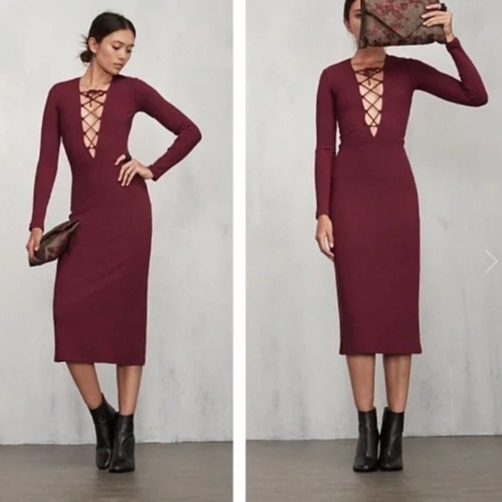 Reformation Deep Burgundy Lace-Up Long Sleeve Midi Dress